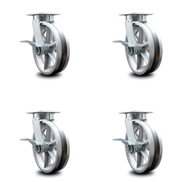Service Caster 8 Inch Kingpinless V Groove Semi Steel Wheel Swivel Caster Set with Brakes SCC SCC-KP30S820-VGR-SLB-4 - main
